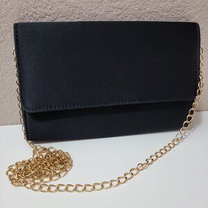 Nicole Miller Black Satin Clutch with Gold Chain Strap | Evening Bag